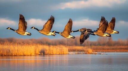 Migratory geese in a symmetrical V formation over a calm lake at dawn