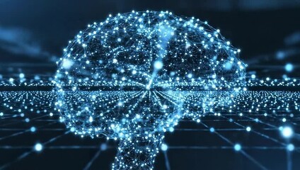 Abstract Digital Brain Formed By Glowing Blue Particles On A Dark Grid Background With Soft Bokeh Effects