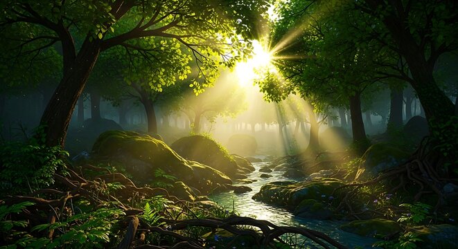 Forest landscape, sunlight through trees, flowing stream, moss rocks