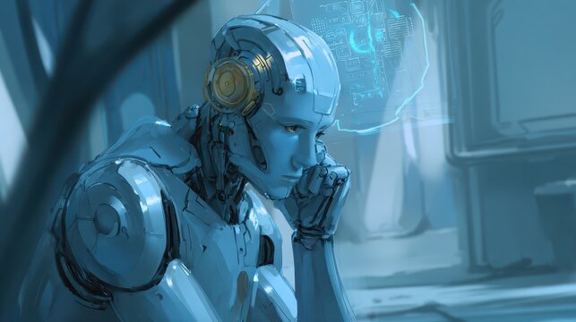 Mindful robot in a sci-fi setting with illuminated circuitry