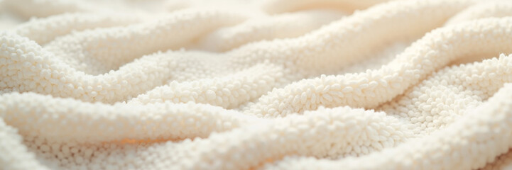 Soft chenille texture in cream color with delicate loops, creating cozy and warm atmosphere, close-up view