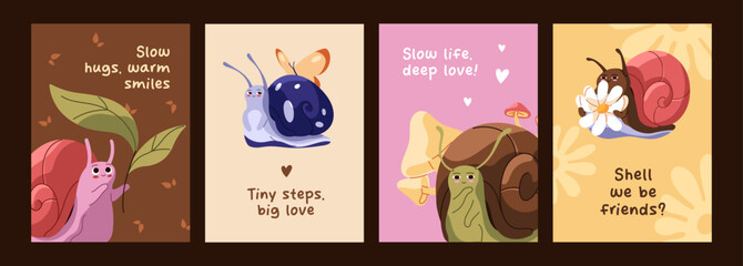 Greeting cards designs set with kawaii snails. Postcards with cute slugs characters and comic phrases of wishes. Templates with funny slimes, gastropods with shell houses. Flat vector illustrations