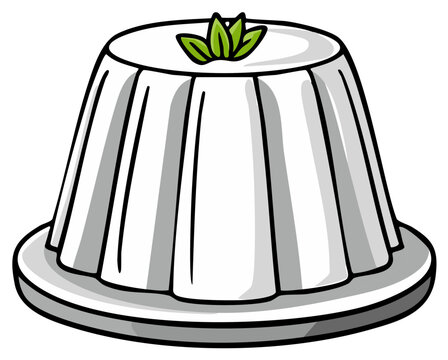 Cartoon white creamy dessert with green mint leaves delicious sweet treat on a serving plate