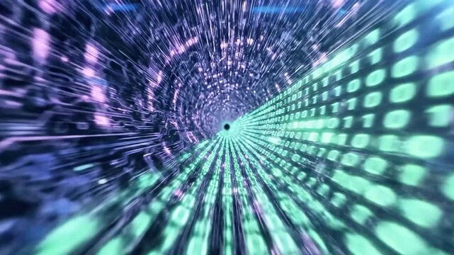 A digital tunnel of data with binary code flowing through a futuristic, glowing structure