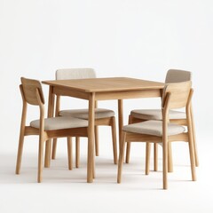 Fototapeta premium Minimalist wooden dining table with four chairs isolated on a white background