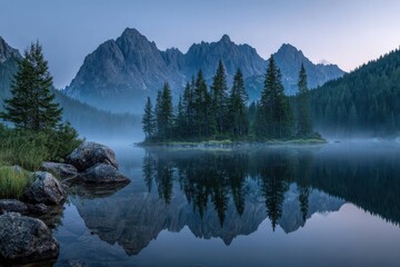 Misty Mountain Landscape at Dawn with Fog over Rugged Peaks and a Reflective Lake