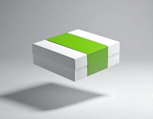 Obraz premium Elegant white gift box with a vibrant green band, suspended in mid-air casting a soft shadow
