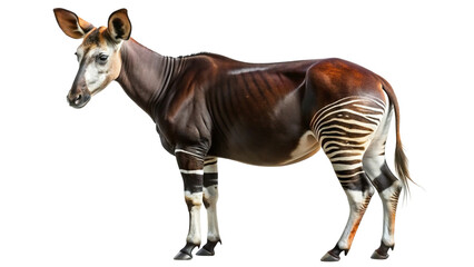 Okapi standing in profile, forest giraffe relative, isolated