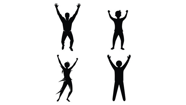 Diverse group of four black silhouettes depicting individuals with arms raised in a gesture of triumph, happiness, or energetic activity