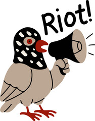 Pigeon holding a megaphone with riot message