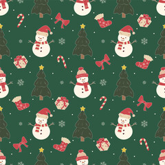 Classic Christmas Seamless Pattern with Snowmen, Fir Trees and Holiday Symbols