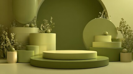 Modular olive green stage platforms with soft shadows for product banner backdrop