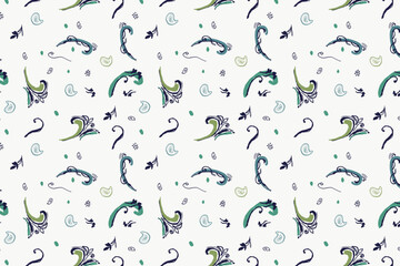 A dynamic, abstract monochrome pattern featuring whimsical flowing paisley and botanical silhouettes, ideal for modern apparel and artistic digital backgrounds.