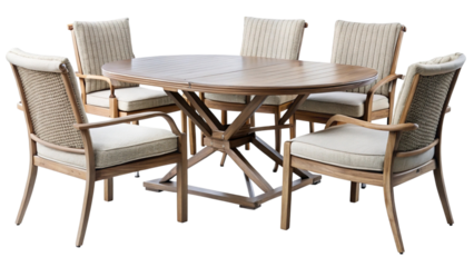 Stylish contemporary wooden dining table and six wicker chairs.