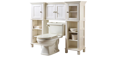 Modern white bathroom storage unit over toilet on clean backdrop