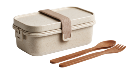 Eco-Friendly Lunch Box Set: A contemporary eco-friendly lunch box set, offering a sustainable alternative for carrying meals, complete with a complementary wooden spoon and fork.