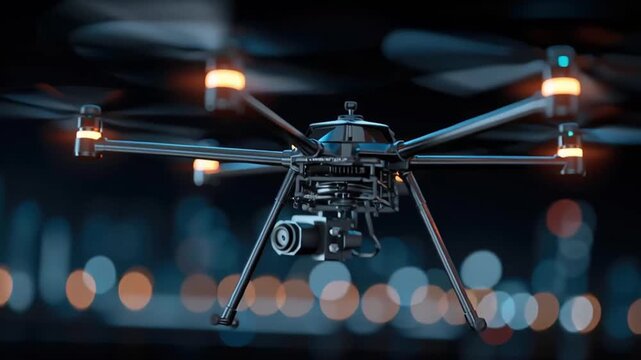 Quantum resistant encryption drone camera aerial surveillance night urban professional cinematic lightweight city skyline secure data link cinematic
