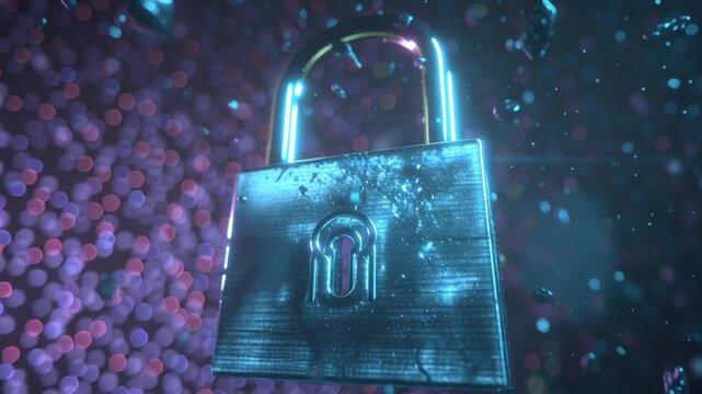 Quantum resistant encryption lock padlock security cyber data protection teal bokeh floating blue light with particles and secure concept emotional