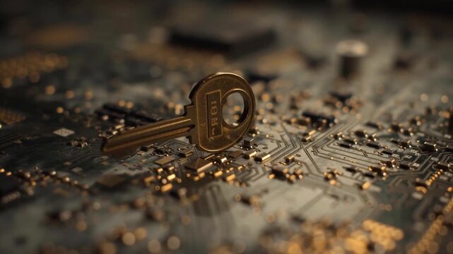 Golden key circuit board quantum resistant encryption secures digital access with symbolic metal key and warm light evoking trust and innovation gold