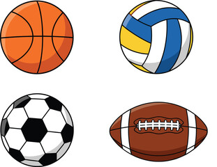 PrintSet of Four Cartoon Sports Balls Vector Illustrations, Featuring Basketball, Volleyball, Soccer Ball, and American Football for Games and Recreational Concepts.
