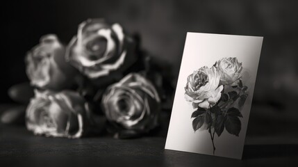 Moody black rose background with an elegant greeting card featuring roses