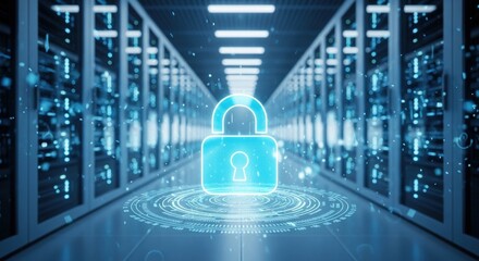 Glowing digital padlock symbolizing cybersecurity in modern server data center