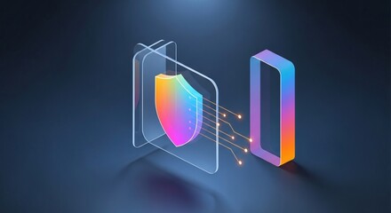 Fototapeta premium Futuristic digital shield with colorful data flow on dark background