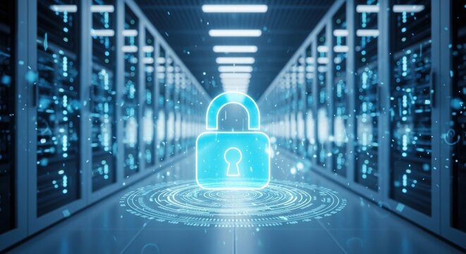 Glowing digital padlock symbolizing cybersecurity in modern server data center