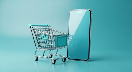 Shopping cart and smartphone representing modern online ecommerce concept