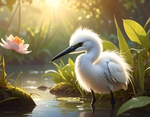 Elegant egret in a serene pond with a blooming lotus flower in the sunshine