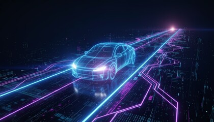 Autonomous car in a futuristic wireframe design driving along a glowing digital road, representing advanced technology, ai innovation, and the future of transportation