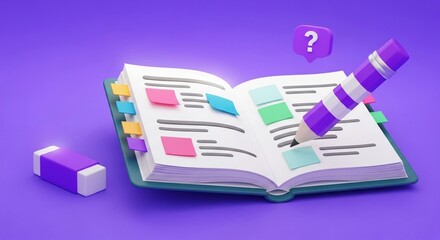 3D open study book with pencil, notes and question icon on purple background