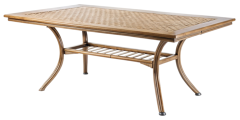 Rectangular woven top patio table with curved legs and shelf