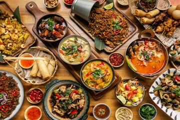 many different thai food dishes on table in modern restaurant in bangkok thailand