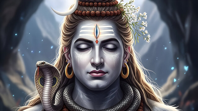 Close-up of Serene Lord Shiva Meditating, Ash-Covered Face, Cobra, and Himalayan Mountain Background, Adi Yogi.