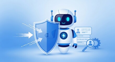 Cute AI robot with security shield and digital identity interface