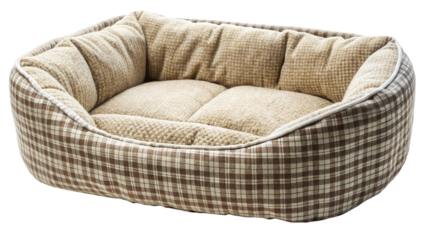 Comfortable brown and cream plaid dog bed with soft cushion