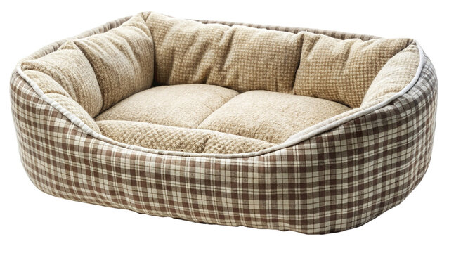 Comfortable brown and cream plaid dog bed with soft cushion