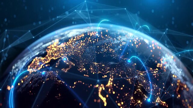 Global Connection Lines. Network Data Transfer Over Earth. Futuristic AI Technology, 5G, Satellite Communication, Internet Connectivity, Big Data, Digital World Background Animation. Crypto Exchange