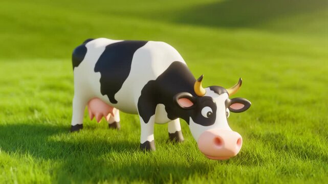 A friendly animated black and white Holstein cow with udders grazes in a sunny, lush green field.