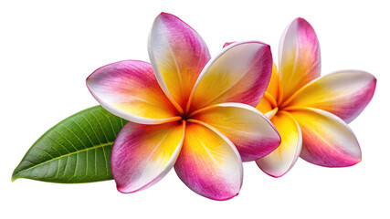 Vibrant pink and yellow plumeria flowers with a green leaf