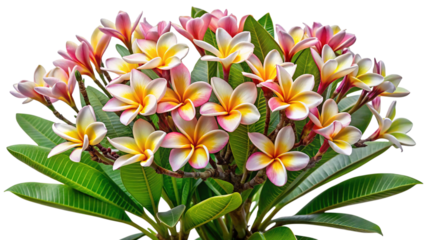Vibrant tropical plumeria frangipani flowers with lush green leaves