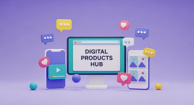 Digital products hub on computer and phones with social icons and notifications