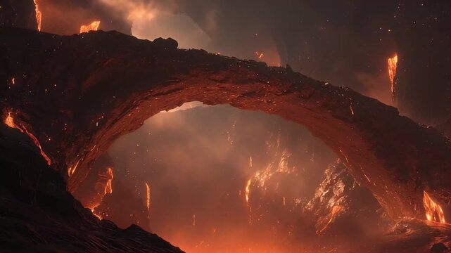 An otherworldly scene unfolds with a colossal volcanic arch dominating a hellish landscape, where molten rock glows intensely amidst a smoky, ash-laden atmosphere