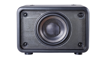 Close-up of a modern portable speaker with a metal mesh grille