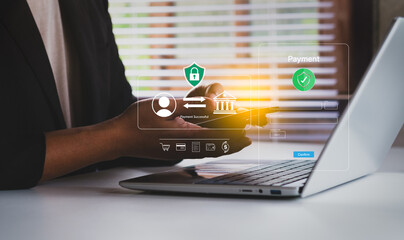 Entrepreneur using smartphone for online payment, digital financial technology, fintech concept, transfer money, online shopping, internet banking, bill payment, digital wallet, Health insurance, Fund