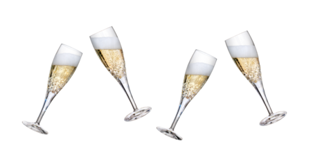 A collection of champagne glasses, flutes, tilted with fizzy wine as a birthday or New Year celebration with fizzy frothy bubbles with different fill levels isolated on a transparent background.