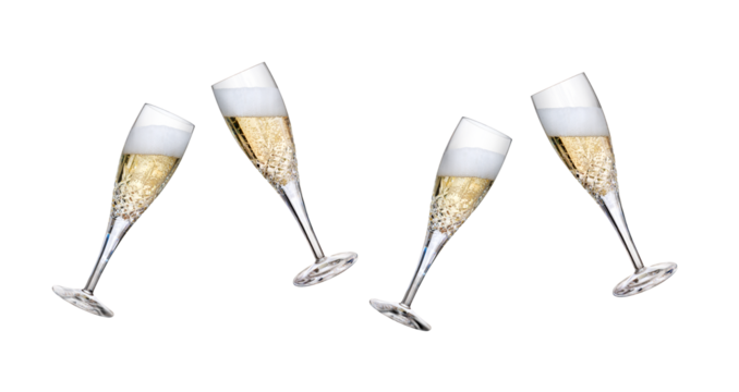 A collection of champagne glasses, flutes, tilted with fizzy wine as a birthday or New Year celebration with fizzy frothy bubbles with different fill levels isolated on a transparent background.