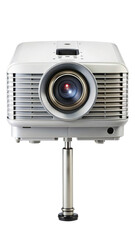 Front view of modern digital projector with illuminated lens