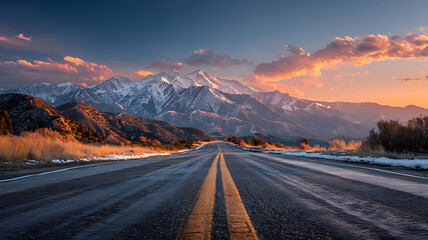 wide road leading to snow-capped mountains, dramatic sunset sky with vivid colors, dramatic lighting, detailed mountains, detailed clouds, cinematic, epic, matte painting style, highly detailed, 8k, u